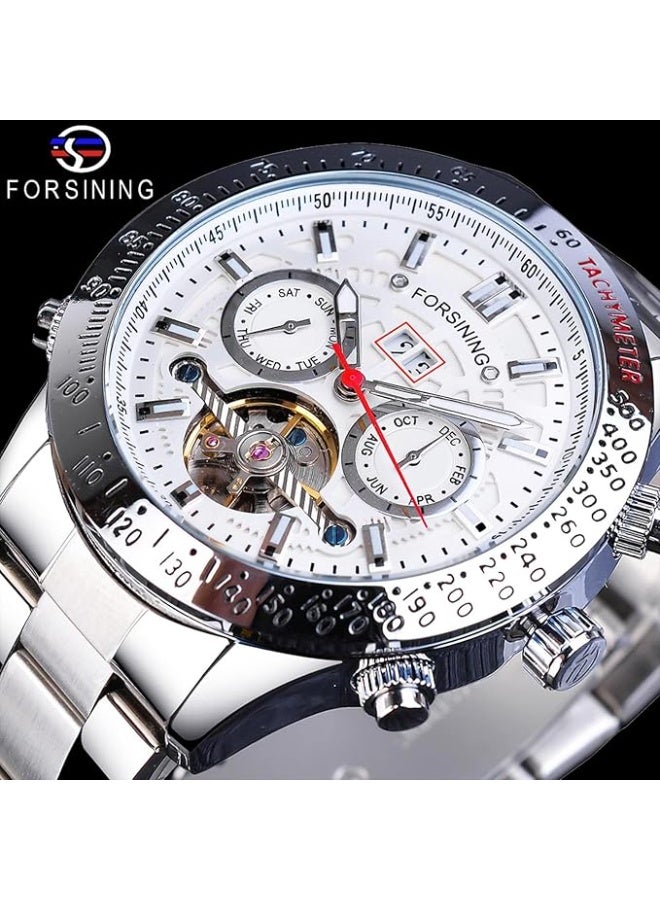 FORSINING Men Tourbillon Mechanical Self-Wind Watch, Day Date Month Full Calendar, Luminous Tachymeter Multifunctional Automatic Watches, Carved Big Dial Stainless Steel Band Wrist Watch - Image 2